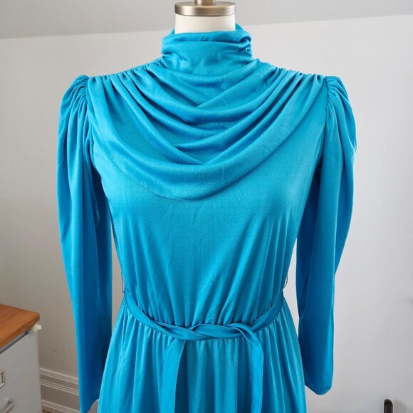 Vintage 70s Teal Draped Cowl Neck Dress - Picture 4 of 4